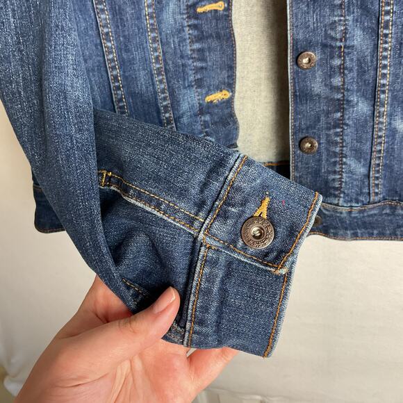 Levi Strauss Womens Button Up Jean Jacket Dark Wash Large Adjustable Waist - Picture 4 of 14